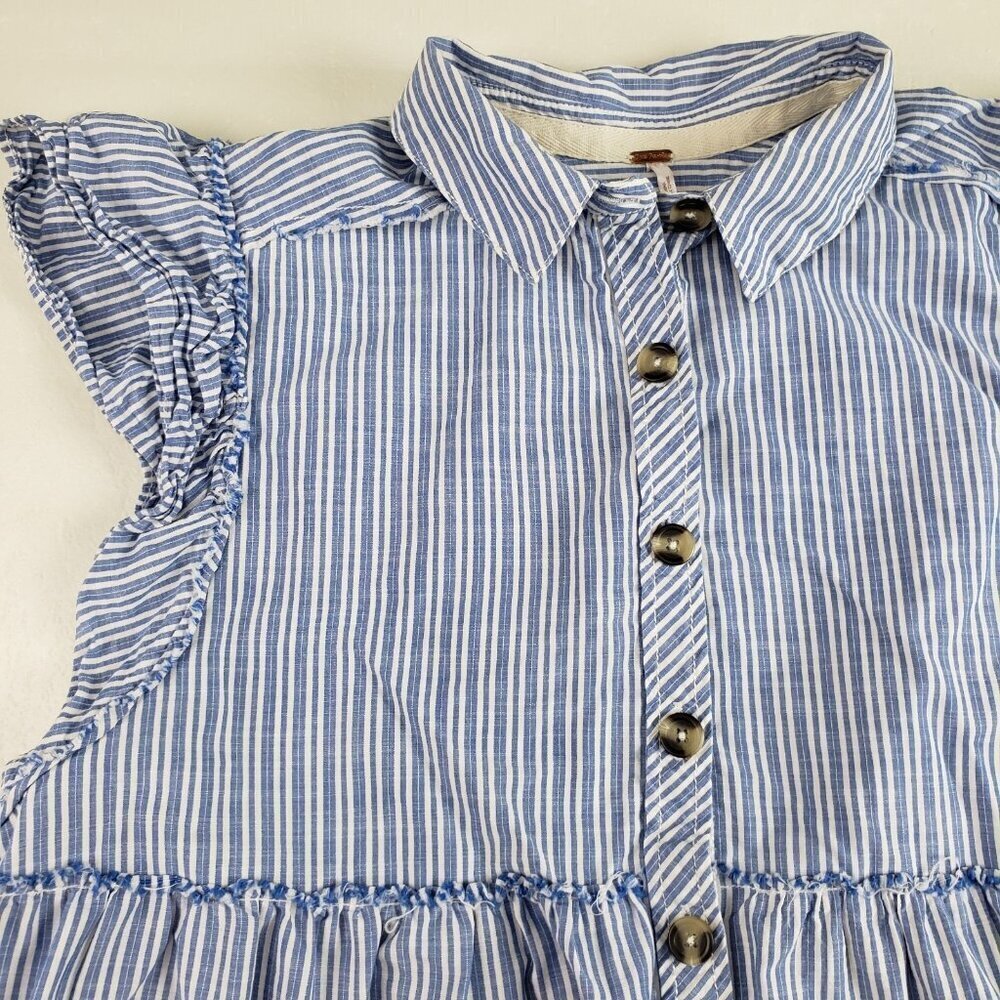 Free People Starfish Mini Shirt Dress Women Small Blue Striped Ruffle Button Up - Picture 3 of 13